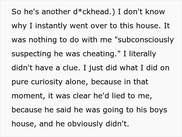 Text excerpt describing a woman suspecting her cheating boyfriend and visiting the house out of curiosity.