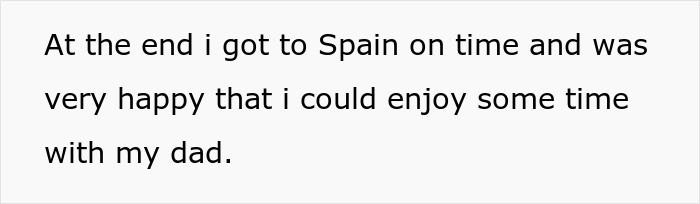 Screenshot of text describing a happy moment spending time with dad after arriving in Spain on time.