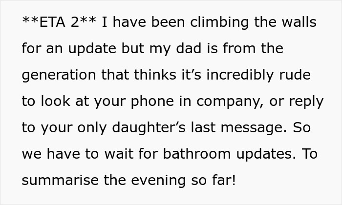 Text excerpt describing a tense wedding scene involving bride's dad and family drama, highlighting unexpected divorce.