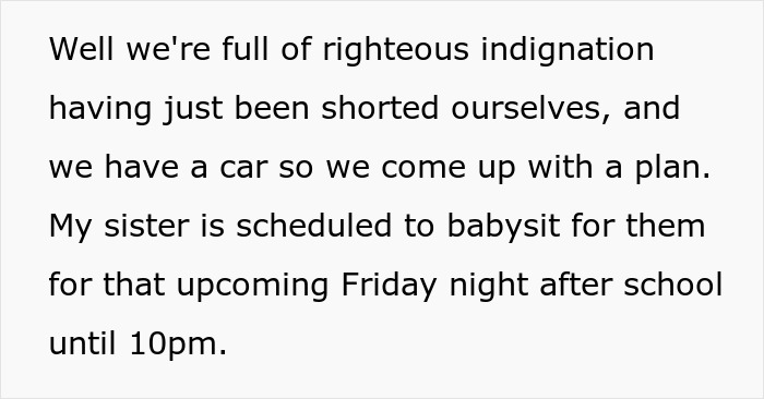 Text excerpt about a religious couple not paying their babysitter and a Bible-based revenge plan by her family. Text excerpt about a religious couple not paying their babysitter and a Bible-based revenge plan by her family.