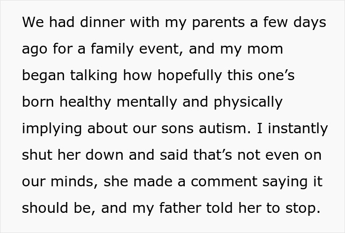 Text excerpt describing a mother-in-law's unhinged comments over wife's pregnancy leading to son kicking her out