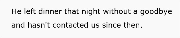 Text on a gray background stating a son left dinner without saying goodbye and has not contacted his parents since.