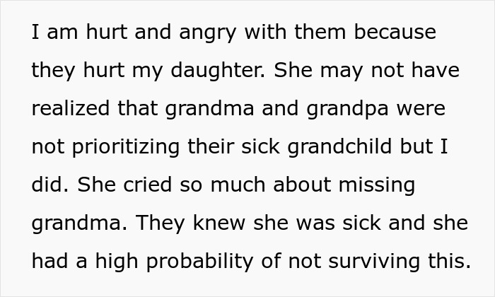 Text expressing hurt and anger towards in-laws who neglected their dying granddaughter, leading to cutting contact with them.