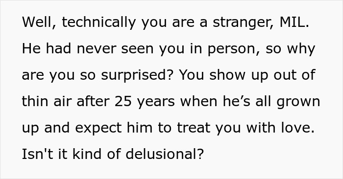 Text excerpt showing a conversation about an absent grandma trying to reconnect after 25 years and facing rejection. Text excerpt showing a conversation about an absent grandma trying to reconnect after 25 years and facing rejection.