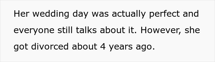 Text on image about a woman&rsquo;s wedding day being perfect but mentioning she divorced about 4 years ago after cousin insult.
