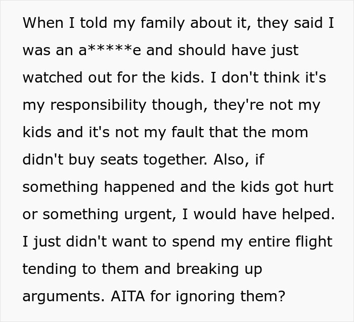 Text about not switching airplane seats with a mother and ignoring her children during a flight due to seating issues.