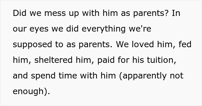Text excerpt from an emotional letter where parents question if they messed up their son despite their efforts.