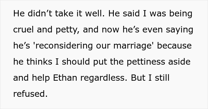 Text excerpt describing a husband's negative reaction after wife refused to pay for her stepson’s surgery. Text excerpt describing a husband's negative reaction after wife refused to pay for her stepson’s surgery.