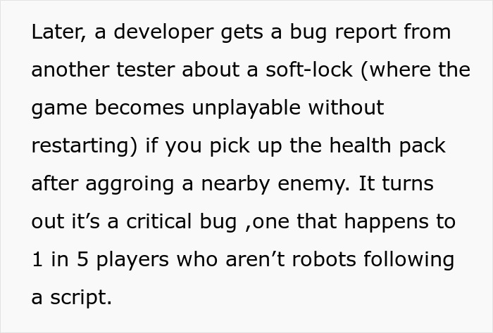 Developer reports critical game bug during exploratory testing after lead restricts the process, affecting player experience severely. Developer reports critical game bug during exploratory testing after lead restricts the process, affecting player experience severely.