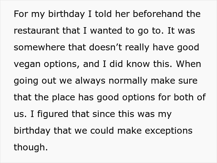 Man explaining refusing to eat vegan meal prepared by girlfriend on his birthday at a restaurant table. Man explaining refusing to eat vegan meal prepared by girlfriend on his birthday at a restaurant table.