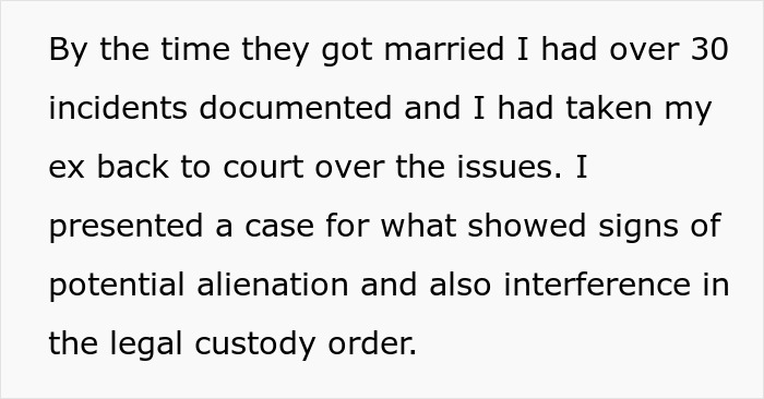 Text excerpt discussing documented incidents and legal action over potential alienation and interference in custody order.