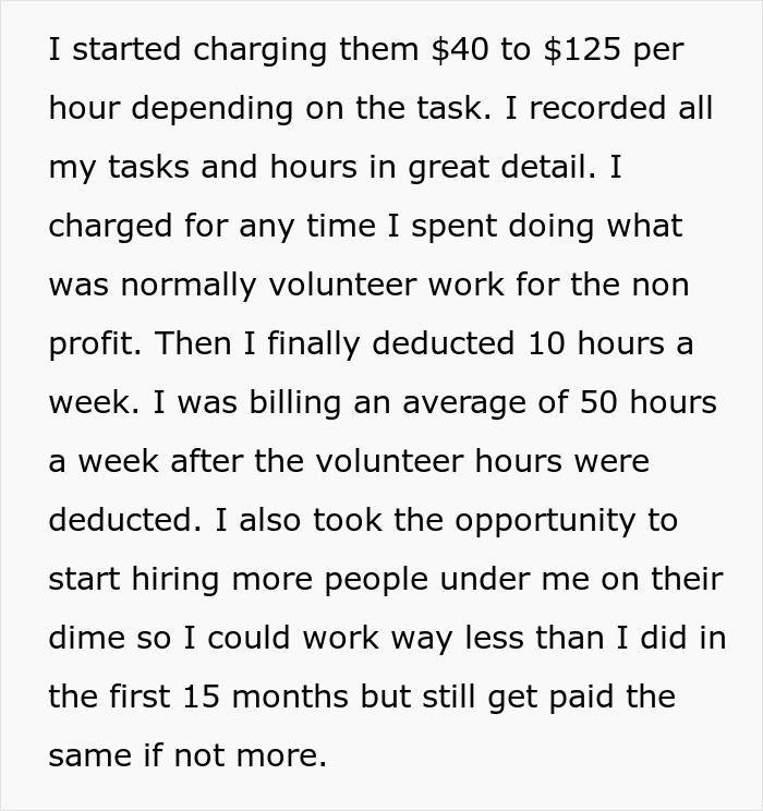 Text excerpt describing an employee billing detailed hours for non-profit work, addressing employee and non-profit conflict.