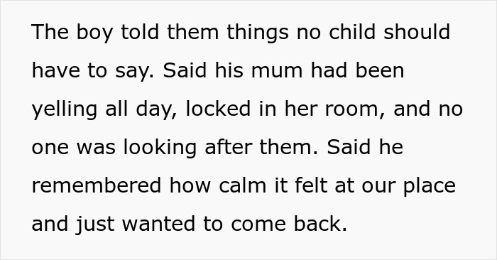 Text excerpt highlighting poor parenting as kids left unattended and seeking care from a cousin in a stressful home.
