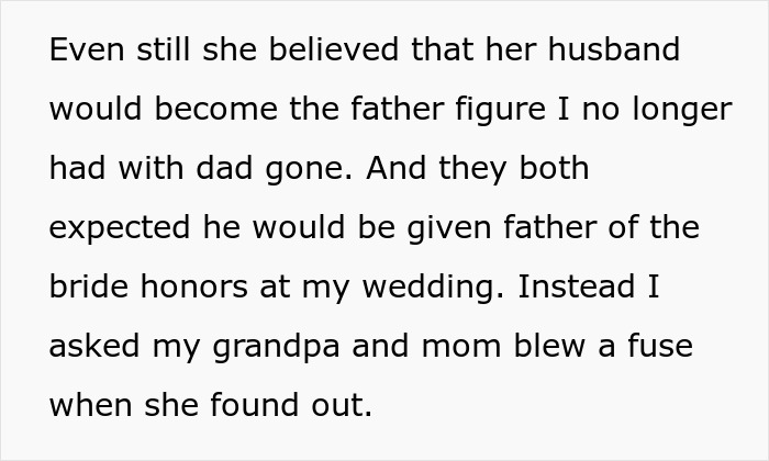 Text about mom marrying affair partner and conflict when daughter won&rsquo;t let him walk her down the aisle after dad dies.
