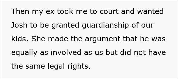 Text about ex seeking guardianship of kids, highlighting dad&rsquo;s active role and conflict with ex&rsquo;s new husband.