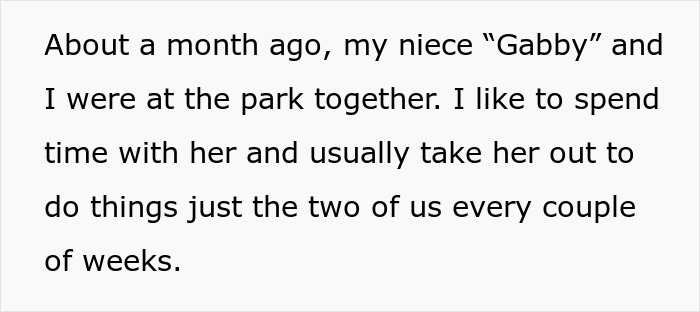 Text describing a niece calling her aunt fat and ugly at the park before a shopping trip gets canceled.