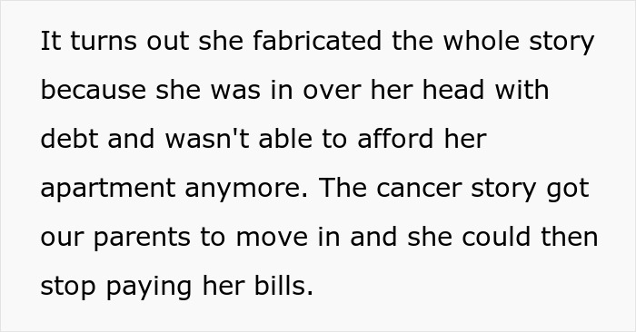Alt text: Text describing a fabricated cancer story causing family conflict after refusal to come clean with parents. Alt text: Text describing a fabricated cancer story causing family conflict after refusal to come clean with parents.