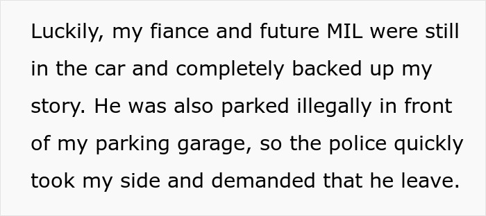 Text excerpt about a guy blocking a garage, police involvement, and parking dispute resolution.