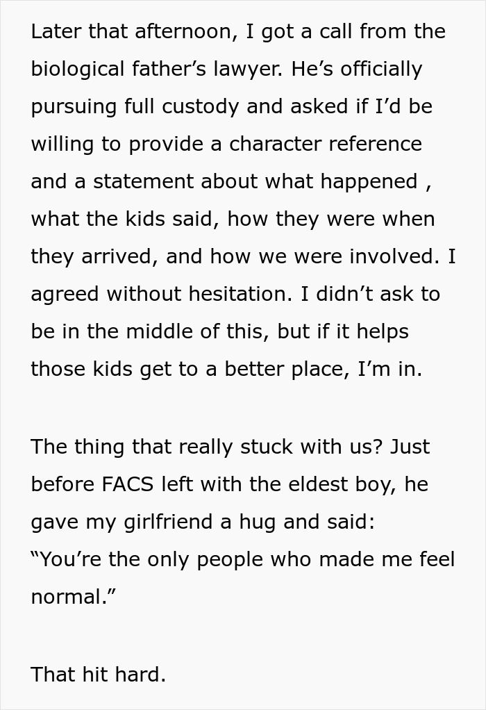 Call from biological father&rsquo;s lawyer pursuing full custody after mom&rsquo;s poor parenting exposed by cousin babysitting kids.