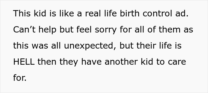 Text about a child compared to a birth control ad, expressing sympathy related to babysitter refusing one specific child.