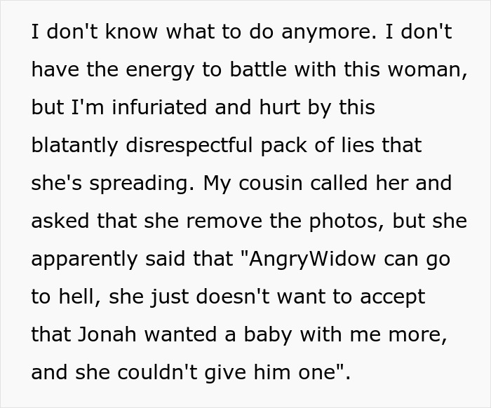 Text excerpt revealing drama involving best friend of late man, secret babies, and widow's emotional struggle.