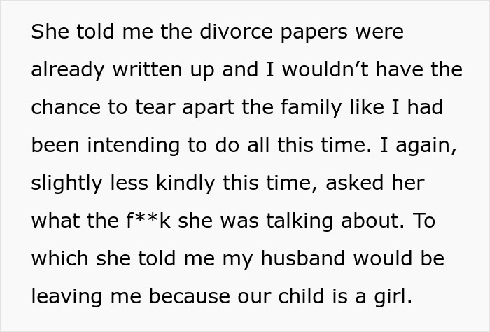 Text excerpt discussing divorce filed due to a husband leaving because their child is a girl, involving MIL and pregnant DIL.