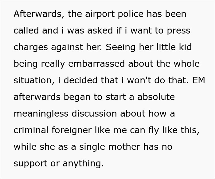 Text excerpt describing an entitled mother insisting on paying upgrade and creating a scene at the airport.