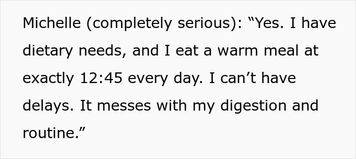 Coworker reserve microwave for dietary needs, eating a warm meal precisely at 12:45 to avoid digestion issues.