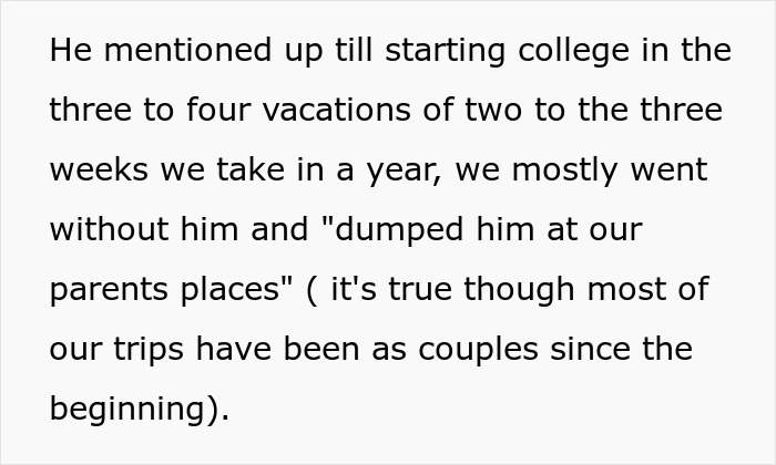 Text excerpt discussing parents reflecting on neglect during family vacations and its impact on their son&rsquo;s feelings of being neglected.