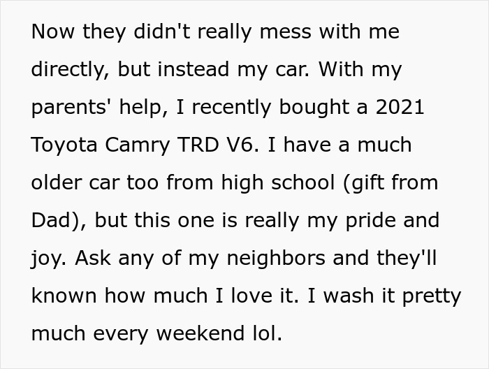Text describing pride in a 2021 Toyota Camry TRD V6 and washing the car frequently to keep it clean.