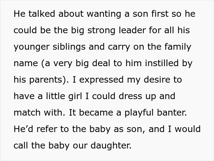 Text excerpt discussing a husband's desire for a son influenced by his parents and playful banter about baby&rsquo;s gender.