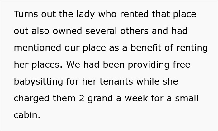 Text explaining how an entitled lady lures renters to her cabin by offering free babysitters who are clueless neighbors.
