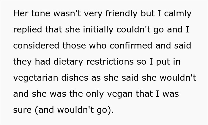 Text discussing a bride refusing to change the wedding menu for a vegan sister-in-law despite dietary restrictions. Text discussing a bride refusing to change the wedding menu for a vegan sister-in-law despite dietary restrictions.
