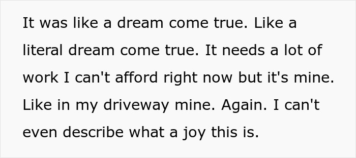 Man excitedly shares joy of buying a 1972 Ford Bronco, chasing high school memories despite challenges.