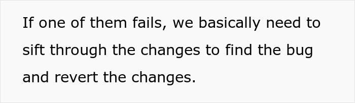 Text excerpt showing a statement about debugging and reverting changes related to deployment policy issues.