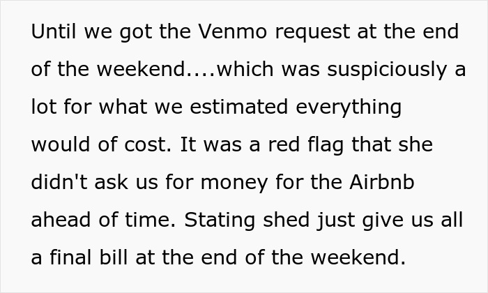 Text about a suspicious Venmo request showing MOH overcharged the bachelorette and pocketed all the money.