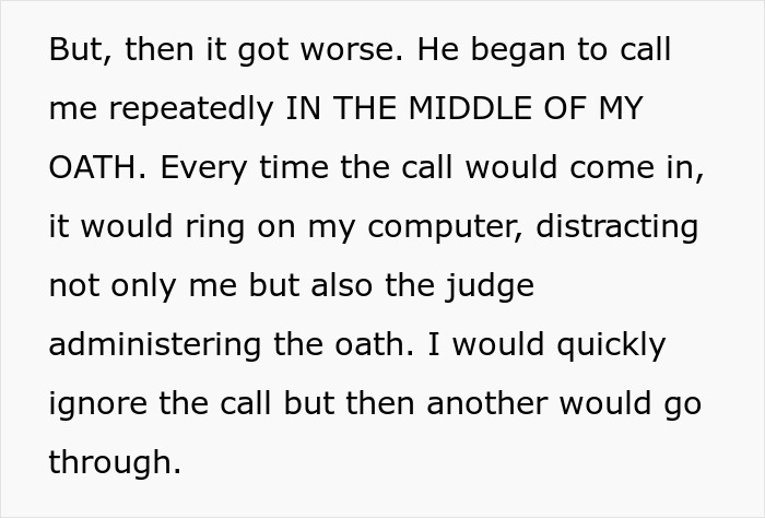 Text describing interrupted oath moment with boyfriend-attorney swearing in, showing distractions during legal proceedings.