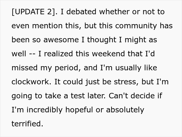 Text discussing missing period, stress, and uncertainty about taking a test reflecting emotional hope and fear.