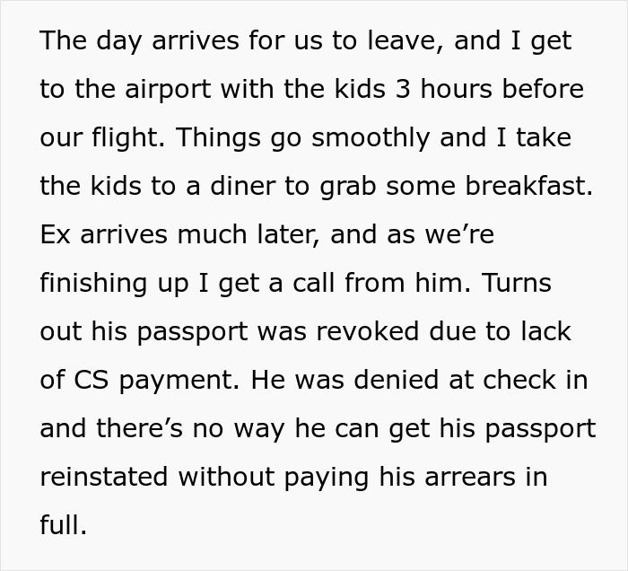 Woman at airport with kids, ex&rsquo;s passport revoked for unpaid child support, leaving him stranded and denied boarding.