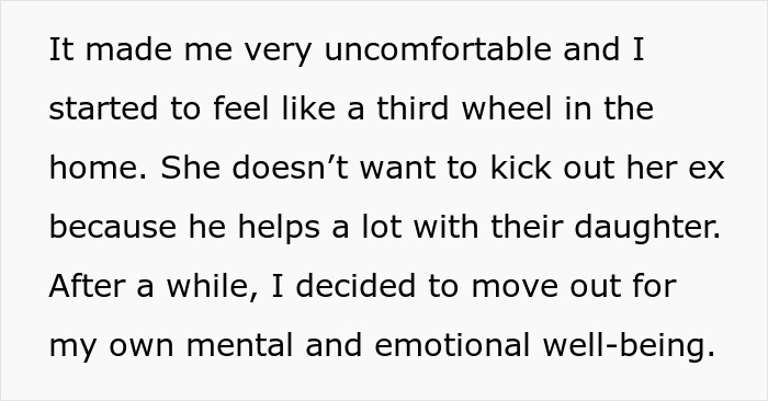 Text excerpt showing discomfort with girlfriend's ex as new roomie after chipping in 2K toward mortgage. Text excerpt showing discomfort with girlfriend's ex as new roomie after chipping in 2K toward mortgage.