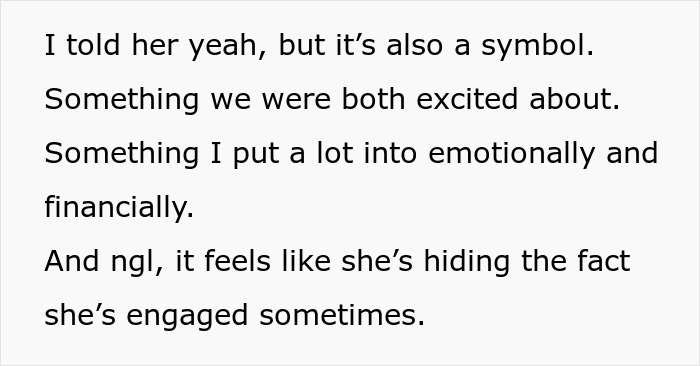 Text discussing a woman refusing to wear an engagement ring, causing concern to her worried fiancé over its symbolism. Text discussing a woman refusing to wear an engagement ring, causing concern to her worried fiancé over its symbolism.