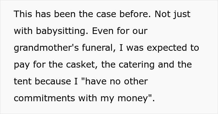 Text excerpt discussing a pediatrician refusing to nanny on a family trip, causing tension with sister-in-law.