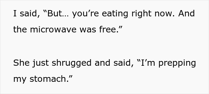 Text showing a conversation about a coworker reserving the microwave due to dietary needs while eating.