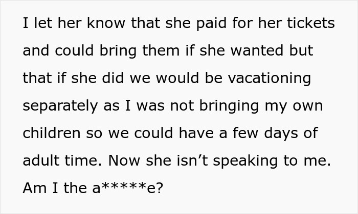 Text excerpt about vacation without kids and babysitting, discussing plans for adult time during vacation. Text excerpt about vacation without kids and babysitting, discussing plans for adult time during vacation.