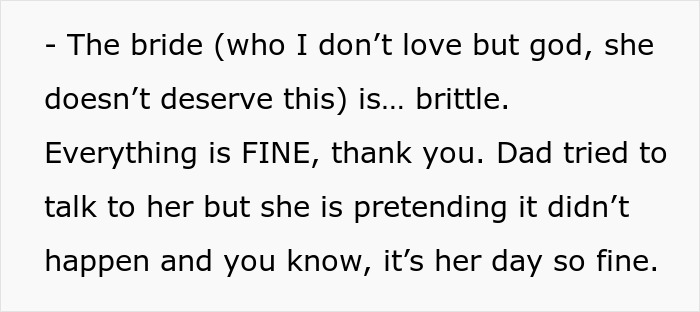 Man goes to wedding expecting drama and witnesses bride's dad divorce his wife amid tense family moments.