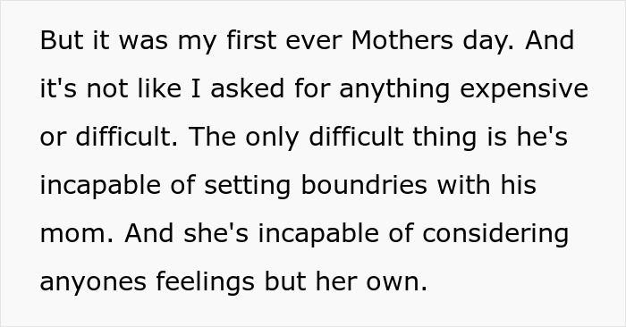 Text on a white background discussing the difficulty of setting boundaries with a mother and feelings around a first Mother&rsquo;s Day.