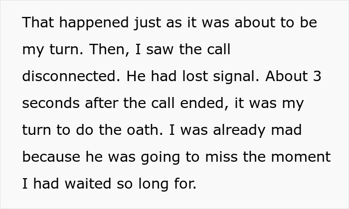 Text excerpt describing the boyfriend attorney swearing moment interrupted by a lost call during the oath-taking.