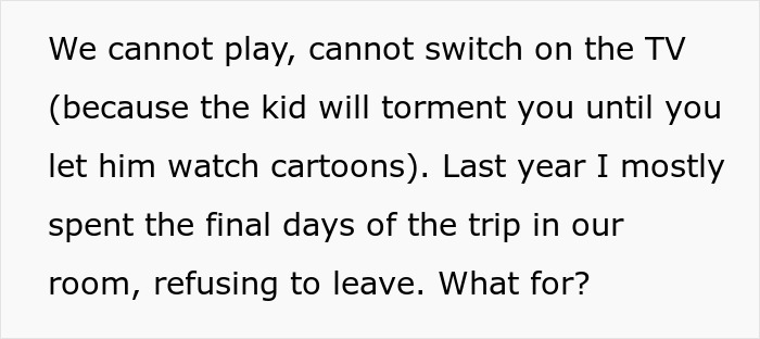 Alt text: Frustrated couple describing friends' kids who misbehave and cause chaos on every trip, seeking a way out.