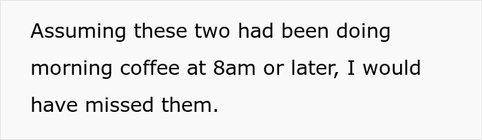 Text excerpt reading Assuming these two had been doing morning coffee at 8am or later, I would have missed them, related to person trying to enjoy time off.