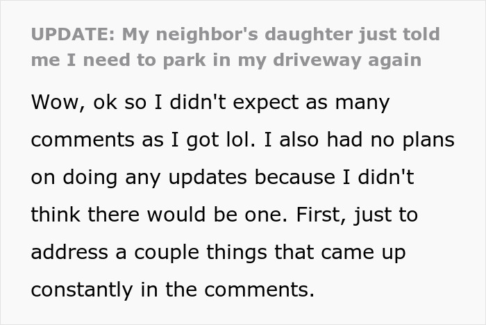 Text excerpt discussing a neighbor's daughter causing a dispute over parking in a public spot. Text excerpt discussing a neighbor's daughter causing a dispute over parking in a public spot.